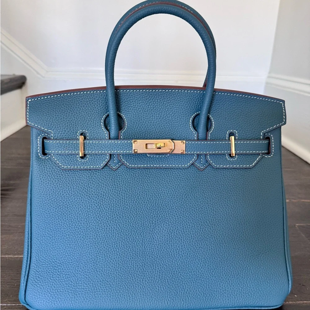 Blue Leather Top-Handle Satchel with Gold Hardware